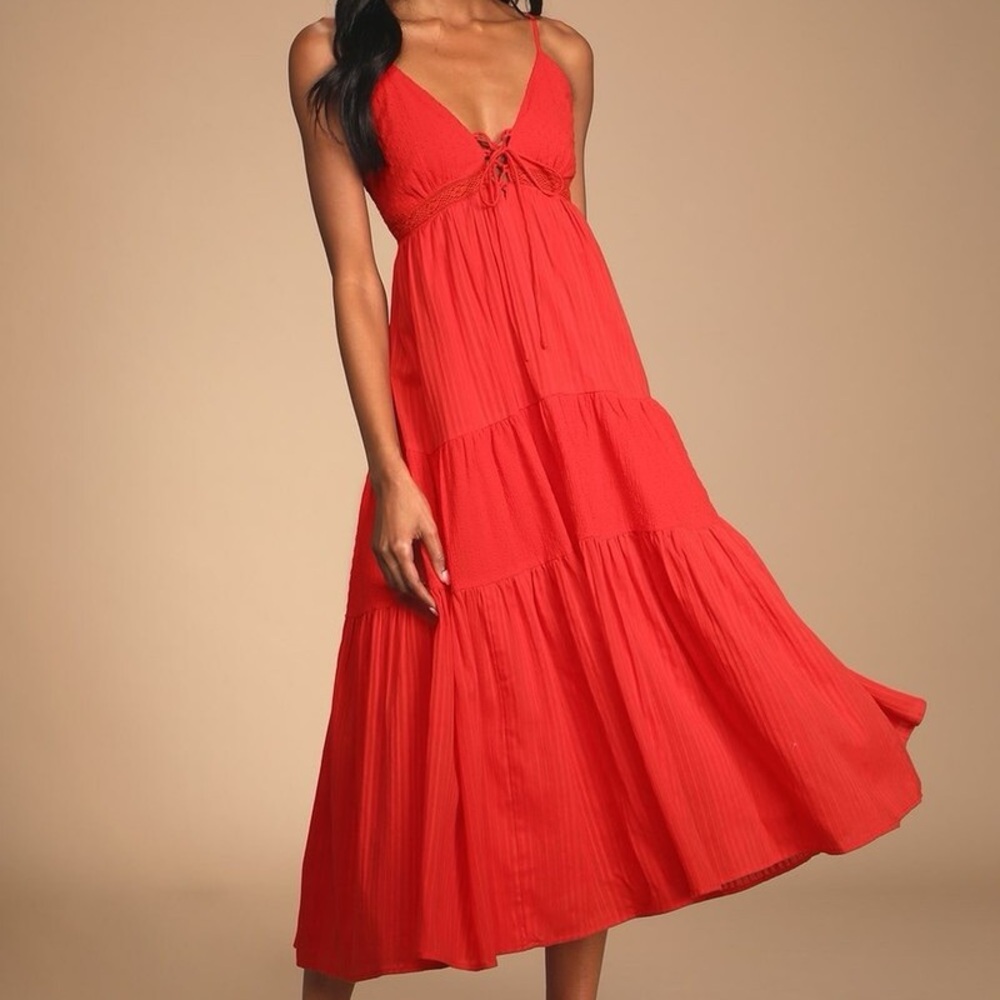 Lulu's Red Tiered Spaghetti-Strap Midi Dress